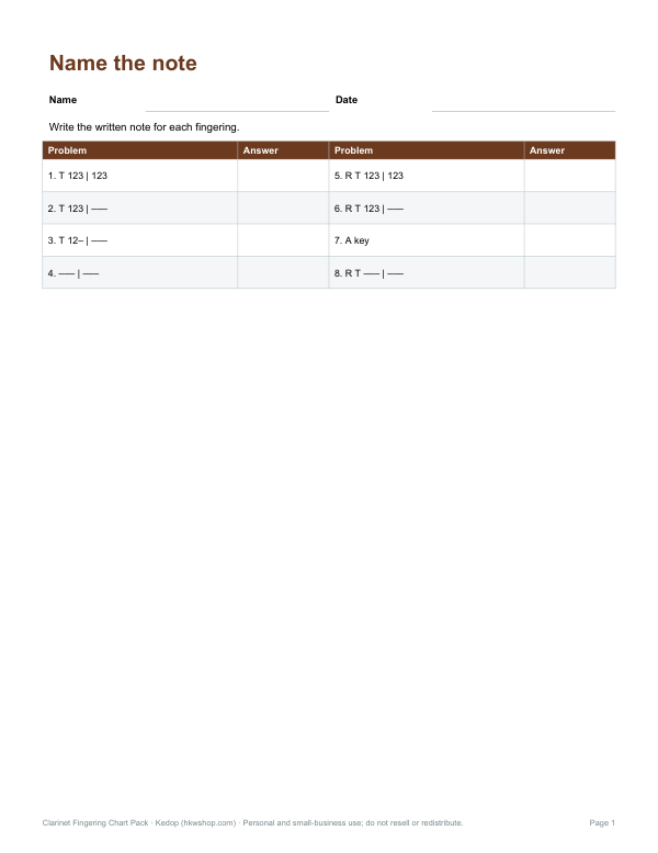 Preview of Printable Clarinet Fingering Quiz