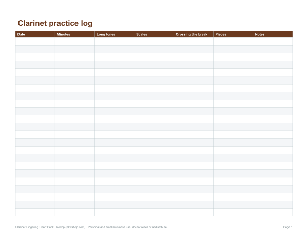 Preview of Printable Clarinet Practice Log
